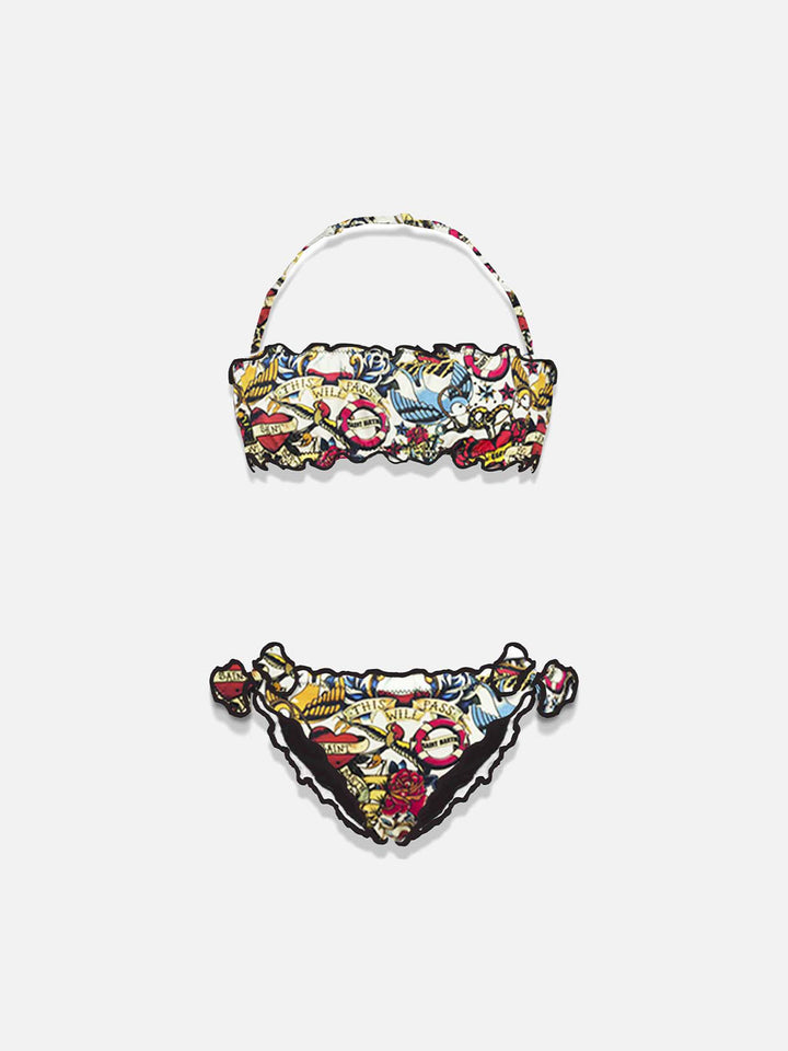 Bikini da bambina a fascia con stampa tattoo