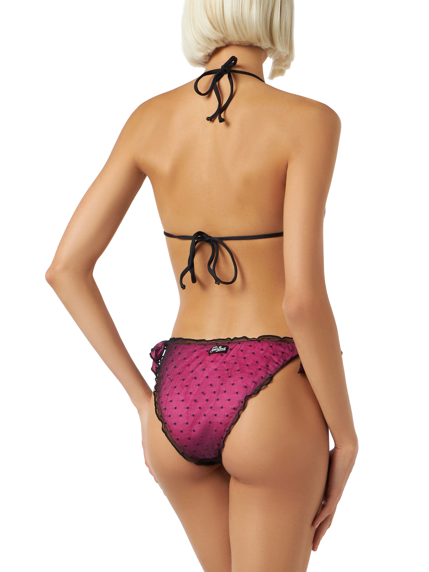 Glänzender Fuchsia-Bikini mit schwarzem Tupfentüll