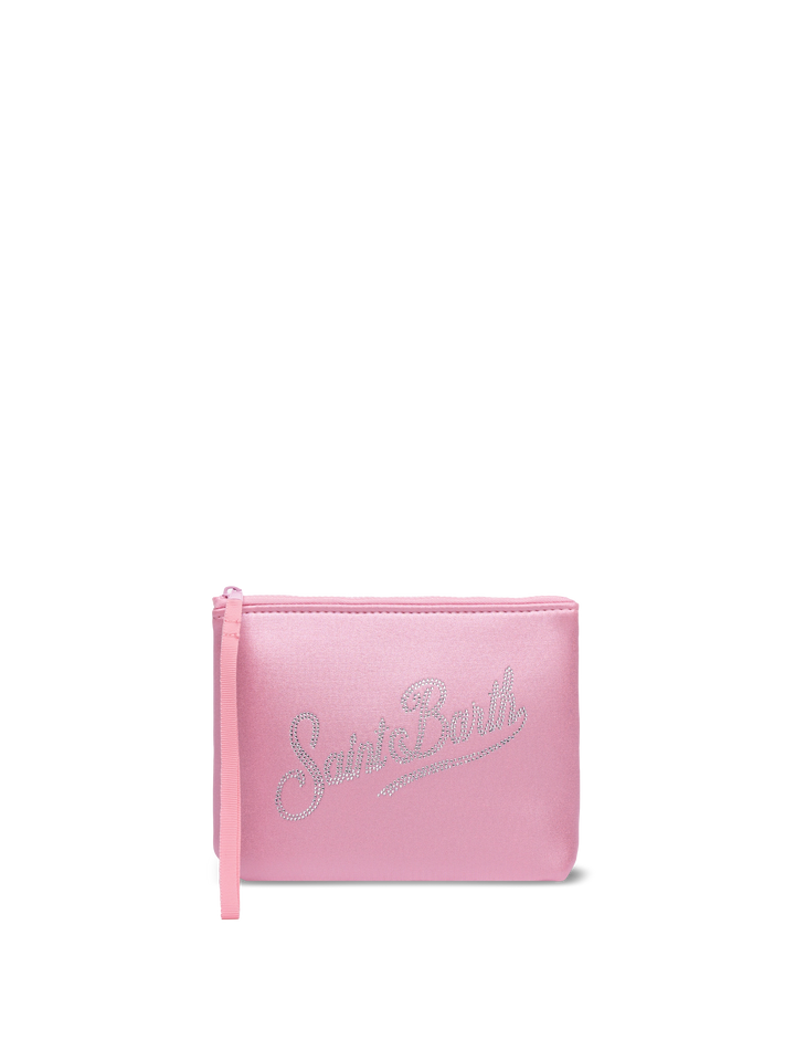 Pochette rosa laminato Aline con logo in strass