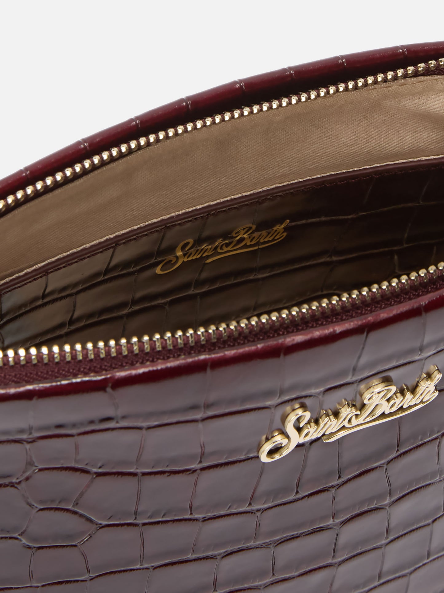 Aline Schultertasche aus bordeauxfarbenem Leder mit Krokodilprägung