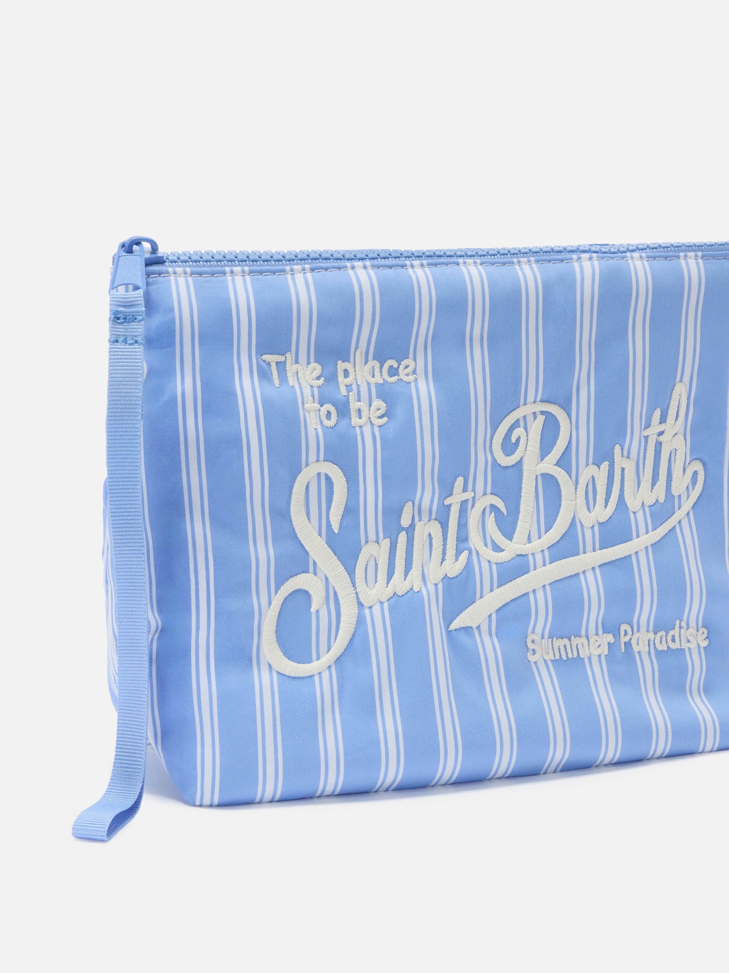 Pouch de algodón a rayas anchas Aline en azul claro y blanco