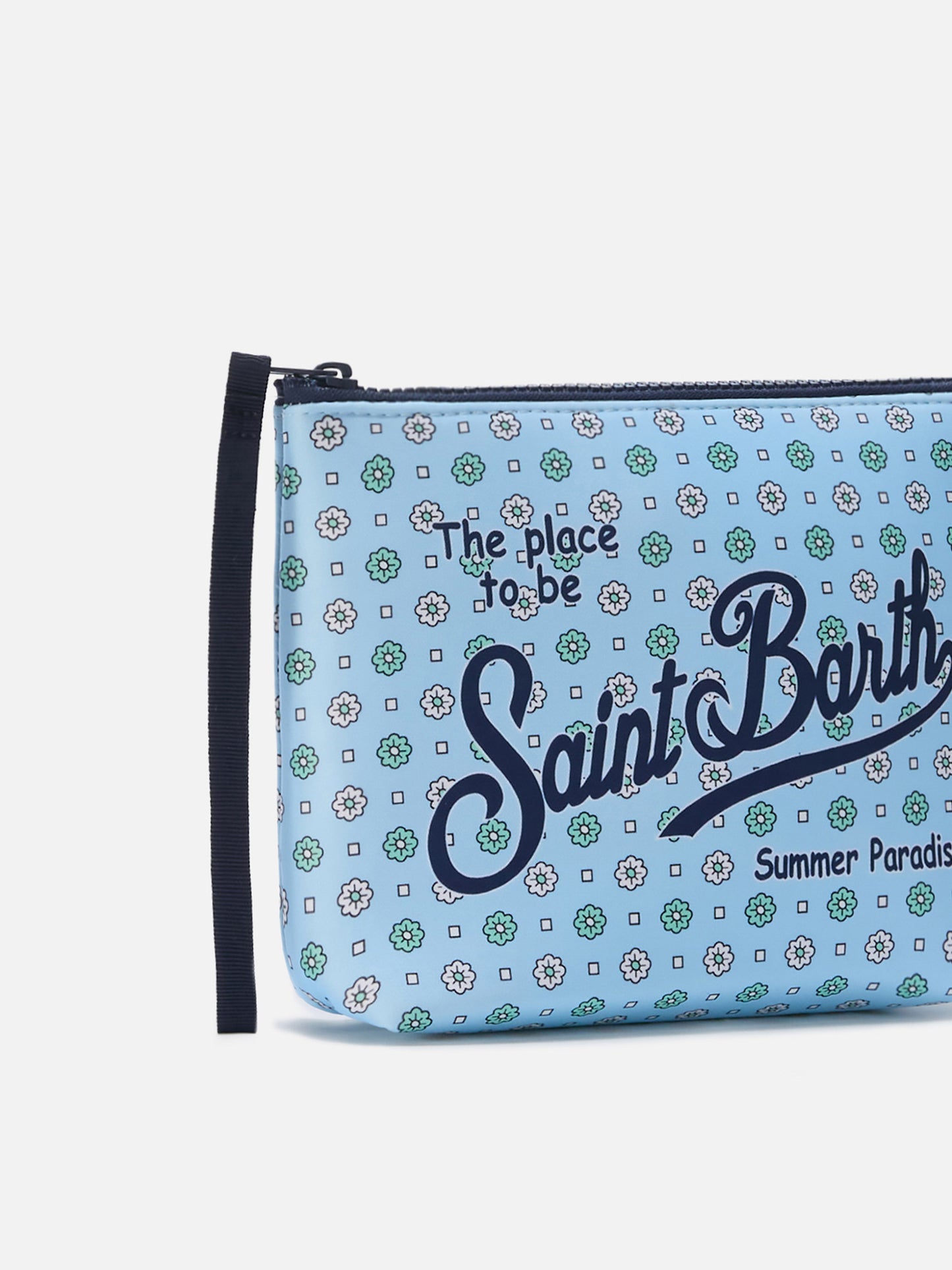 Aline light blue scuba pouch with all-over floral print