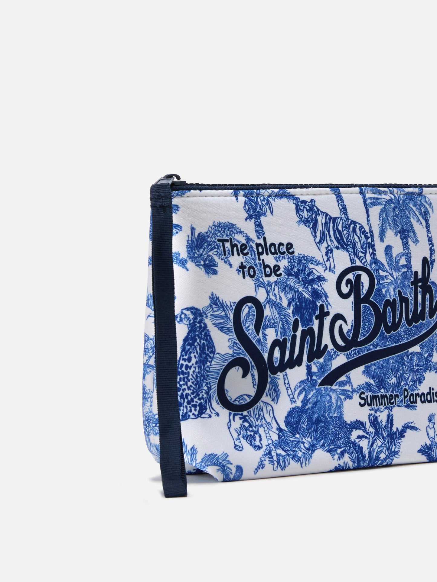 Pochette scuba Aline blanche avec imprimé toile de jouy Jungle Oceania