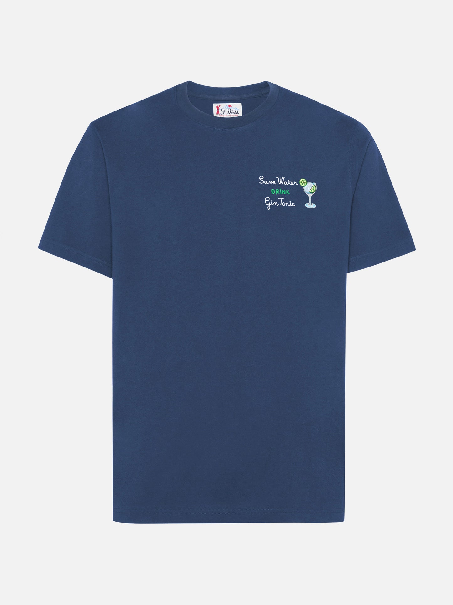 Arnott cotton T-shirt in blue with Save water drink Gin Tonic embroidery