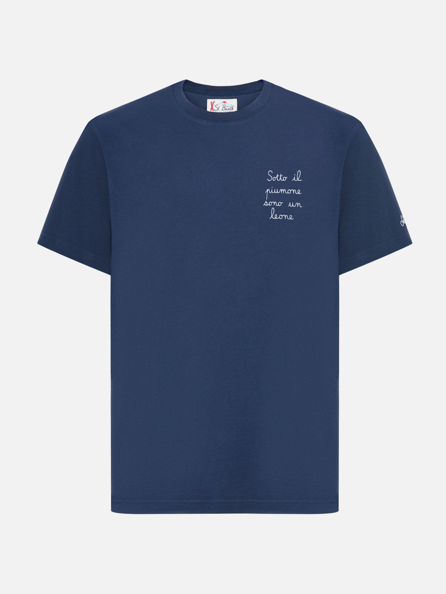 Camiseta de algodón Arnott en azul con bordado Sotto il Piumone sono un Leone