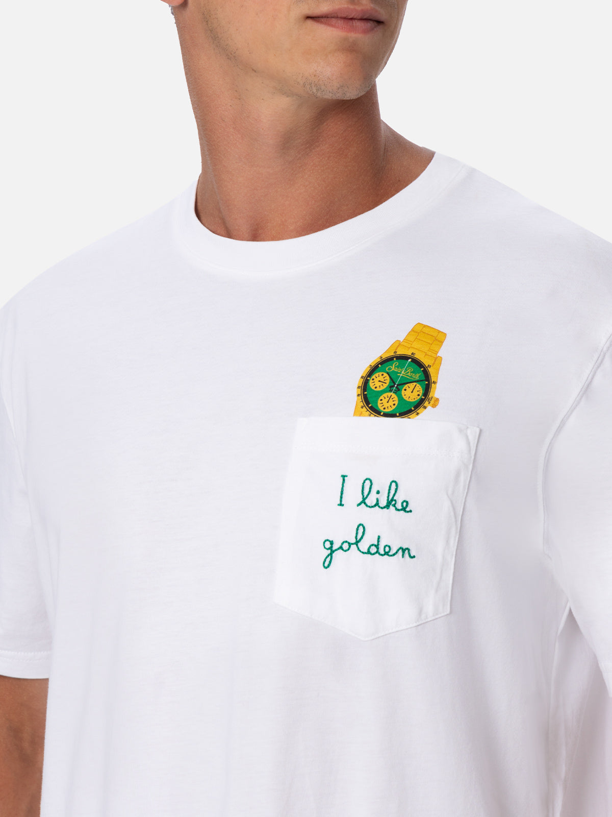 Men's Austin T-shirt | White Cotton Jersey with Embroidered Watch