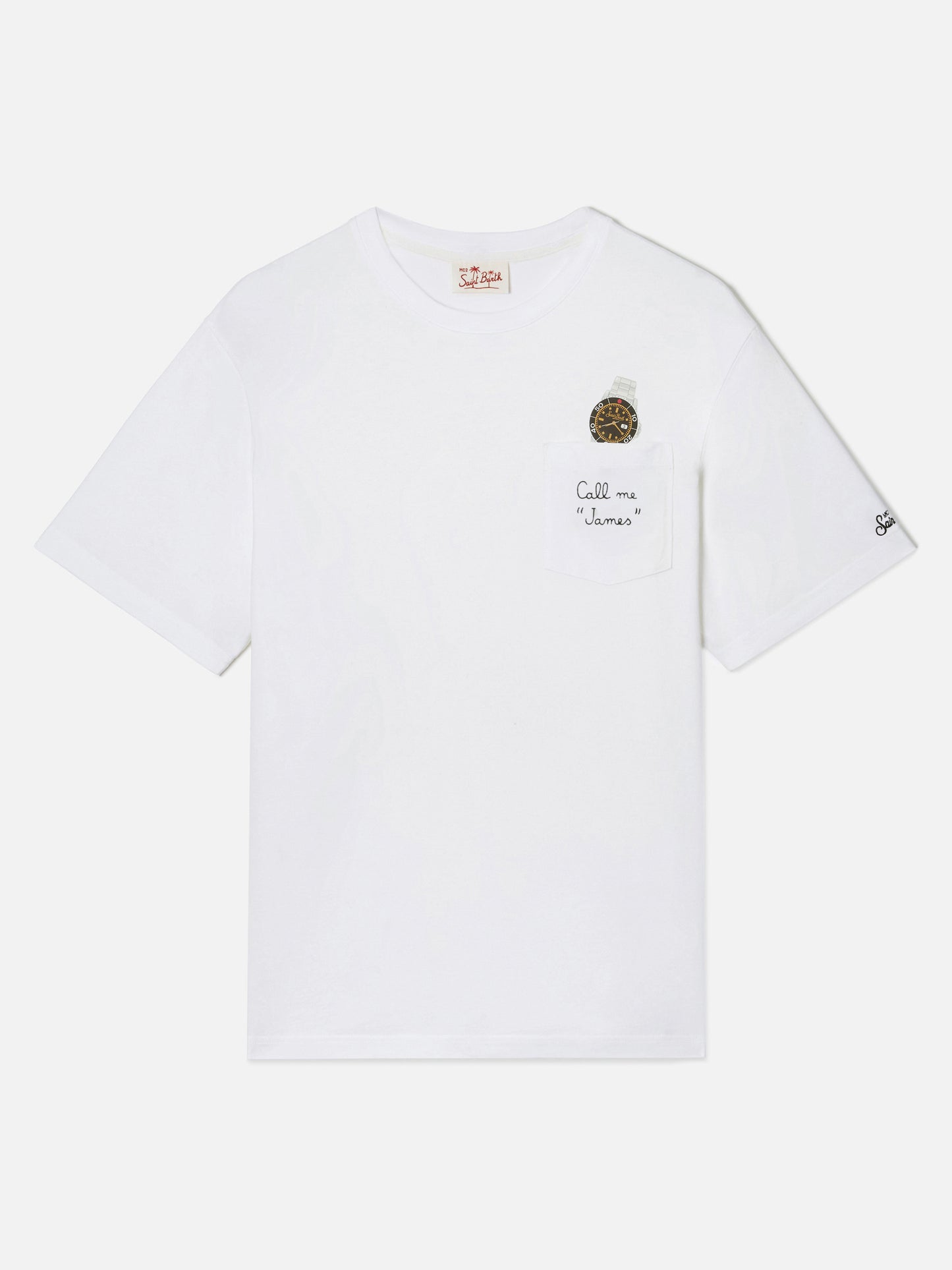 T-shirt Austin bianca con orologio e ricamo Call Me James