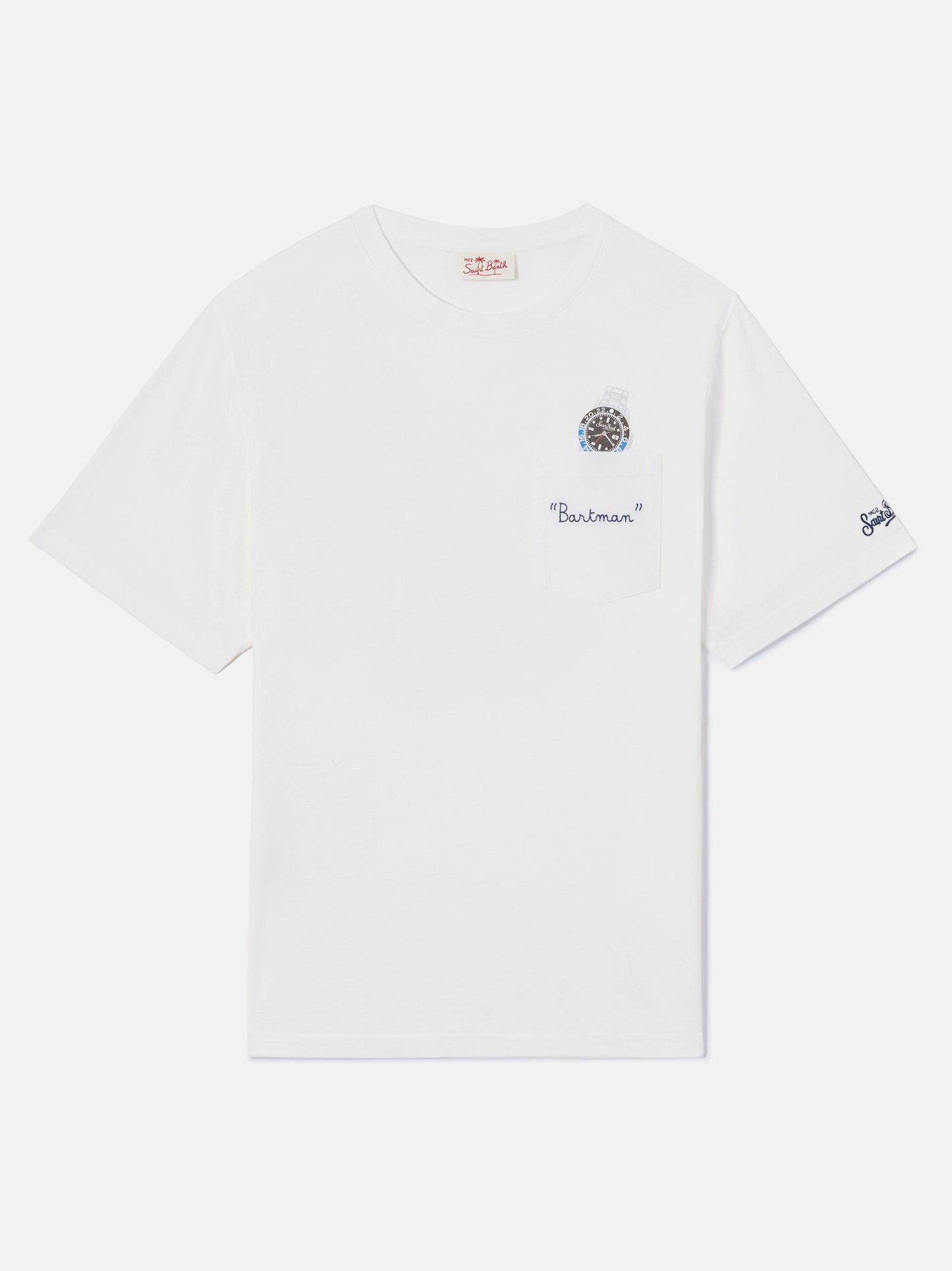 Camiseta Austin blanca con bordado de reloj y Bartman