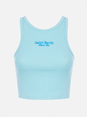 Woman rib-knit cotton crop tank with Saint Barth Beach Club embroidery - MC2 Saint Barth