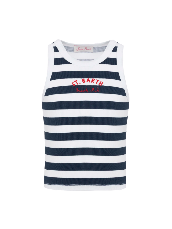 Top corto Blue Jr in maglia a coste a righe blu navy con ricamo
