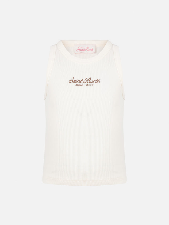 Blue Jr off-white rib-knit cotton crop tank with embroidery