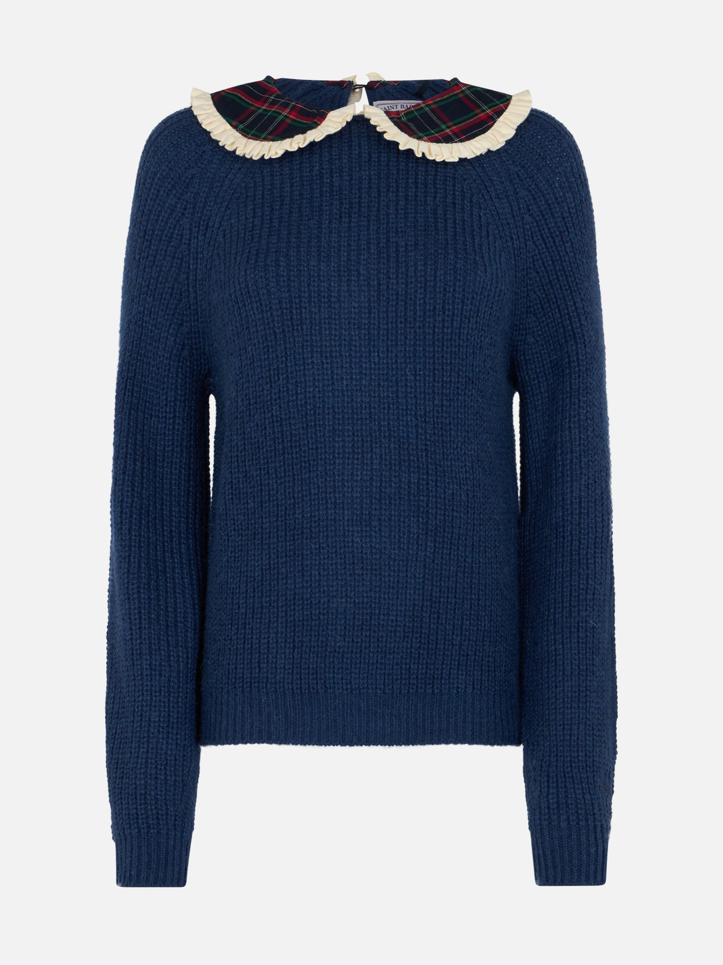 Damenpullover Calia in Marineblau aus Rippstrick mit Tartan-Kragen und Schleife