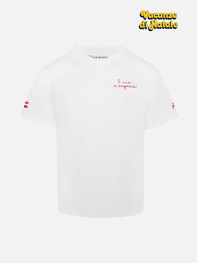 Cameron Warm winter cotton T-shirt in white with E nun m’angoscià embroidery | VACANZE DI NATALE SPECIAL EDITION
