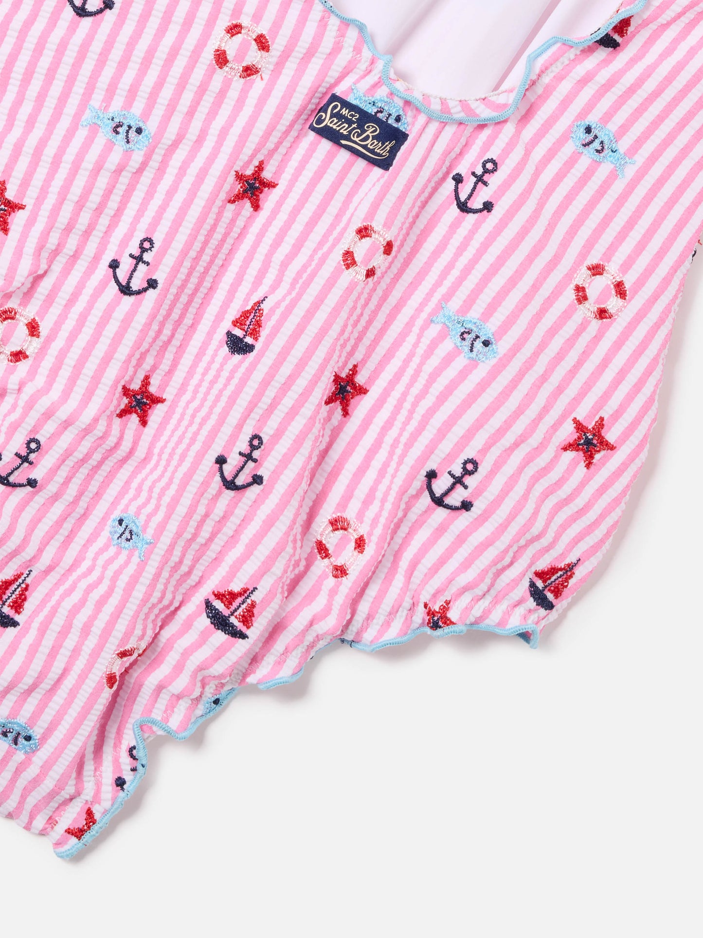 Costume intero Clio in seersucker ricamato a righe rosa