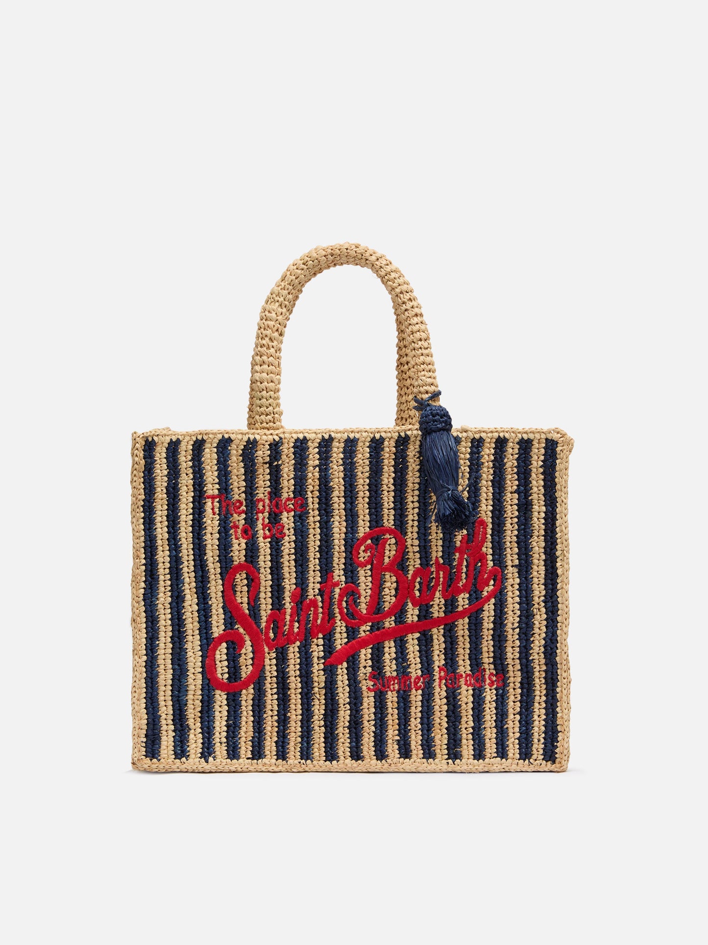 Borsa Colette in rafia a righe blu navy con logo ricamato