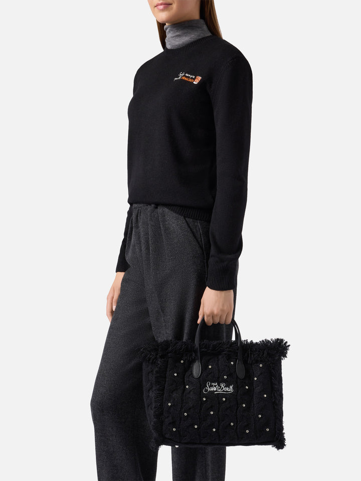 Borsa a mano Colette Wool Braid a trecce nera con strass