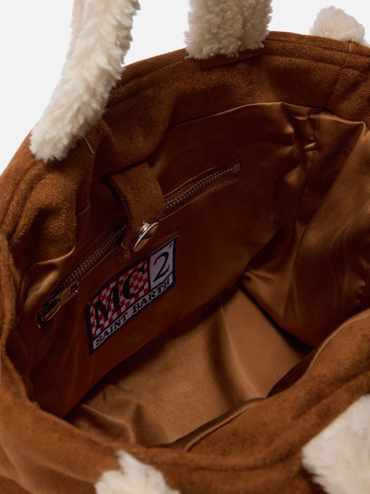 Colette Shearling Handtasche aus kamelfarbenem Wildlederimitat mit Shearling-Details