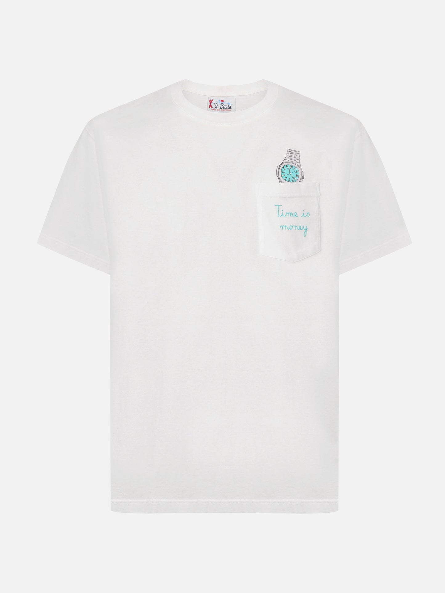 Connor cotton T-shirt in white with Time is Money pocket embroidery
