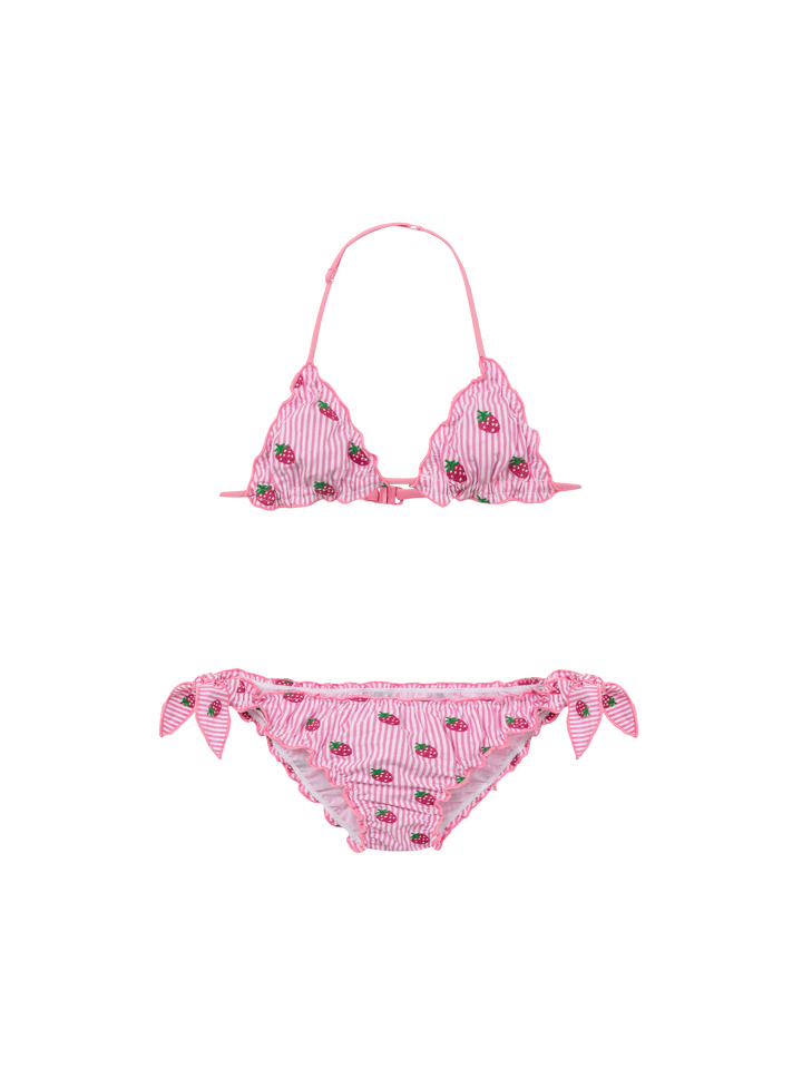 Cris klassischer Seersucker-Triangel-Bikini mit Streifenmuster und Stickerei