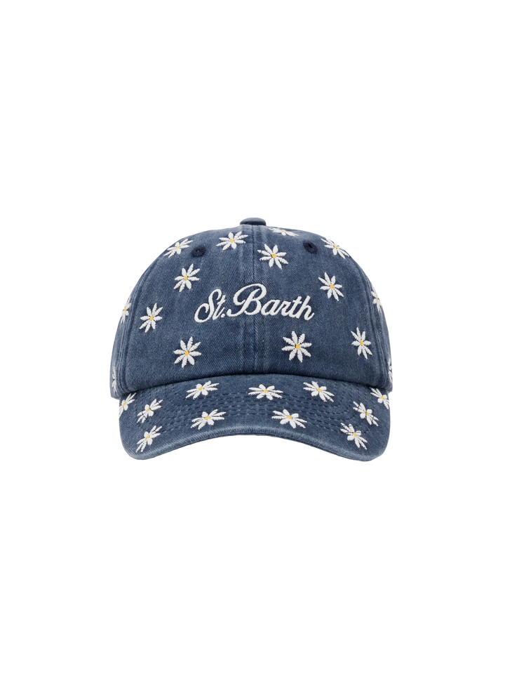 Blaue Baseballkappe aus Denim „Baseball Jr“ mit Gänseblümchen-Stickerei