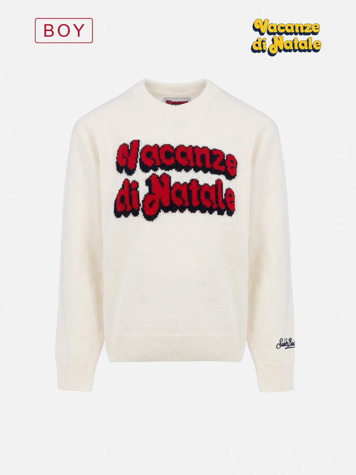 Weißer Jungenpullover Douglas mit Vacanze di Natale-Jacquard | VACANZE DI NATALE SONDERAUSGABE