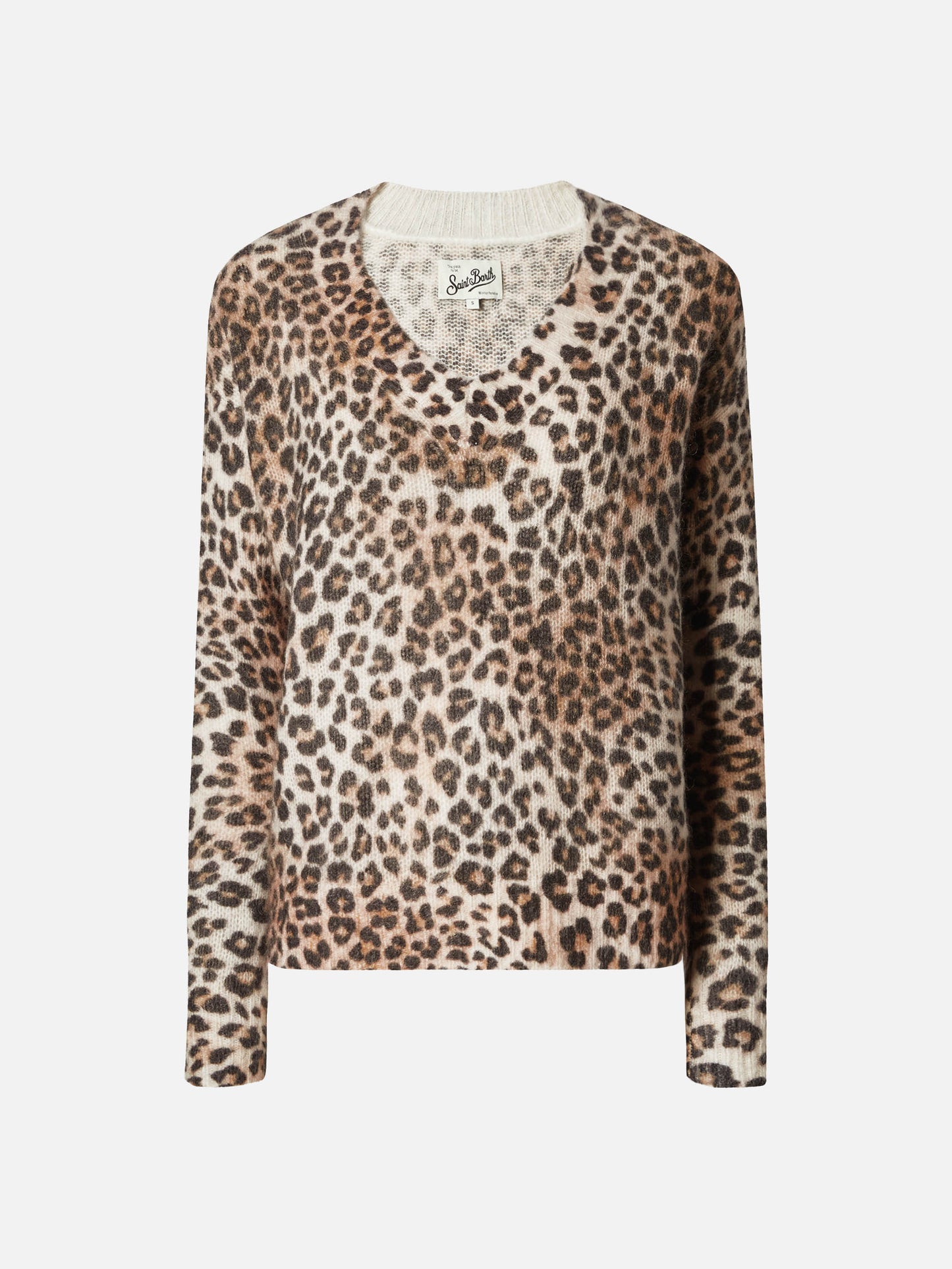 Pullover con scollo a V Elara in misto mohair cammello con stampa leopardata