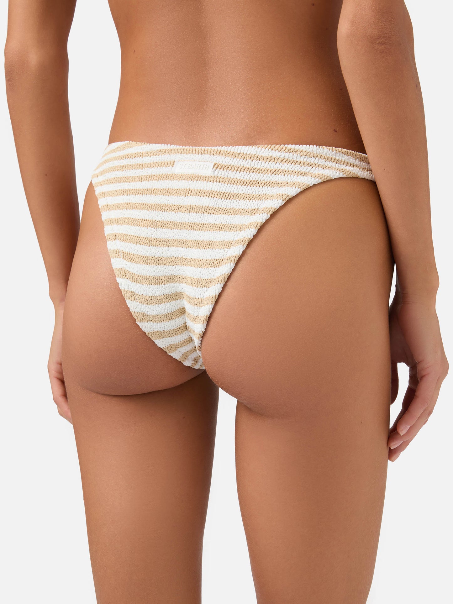 Elise crinkle swim briefs with beige striped print