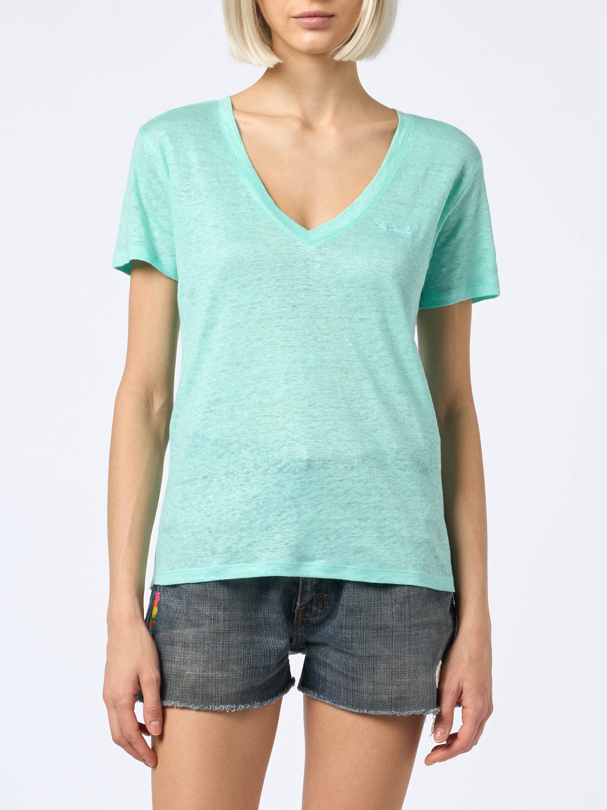 Woman linen jersey sage green V-neck t-shirt Eloise - MC2 Saint Barth