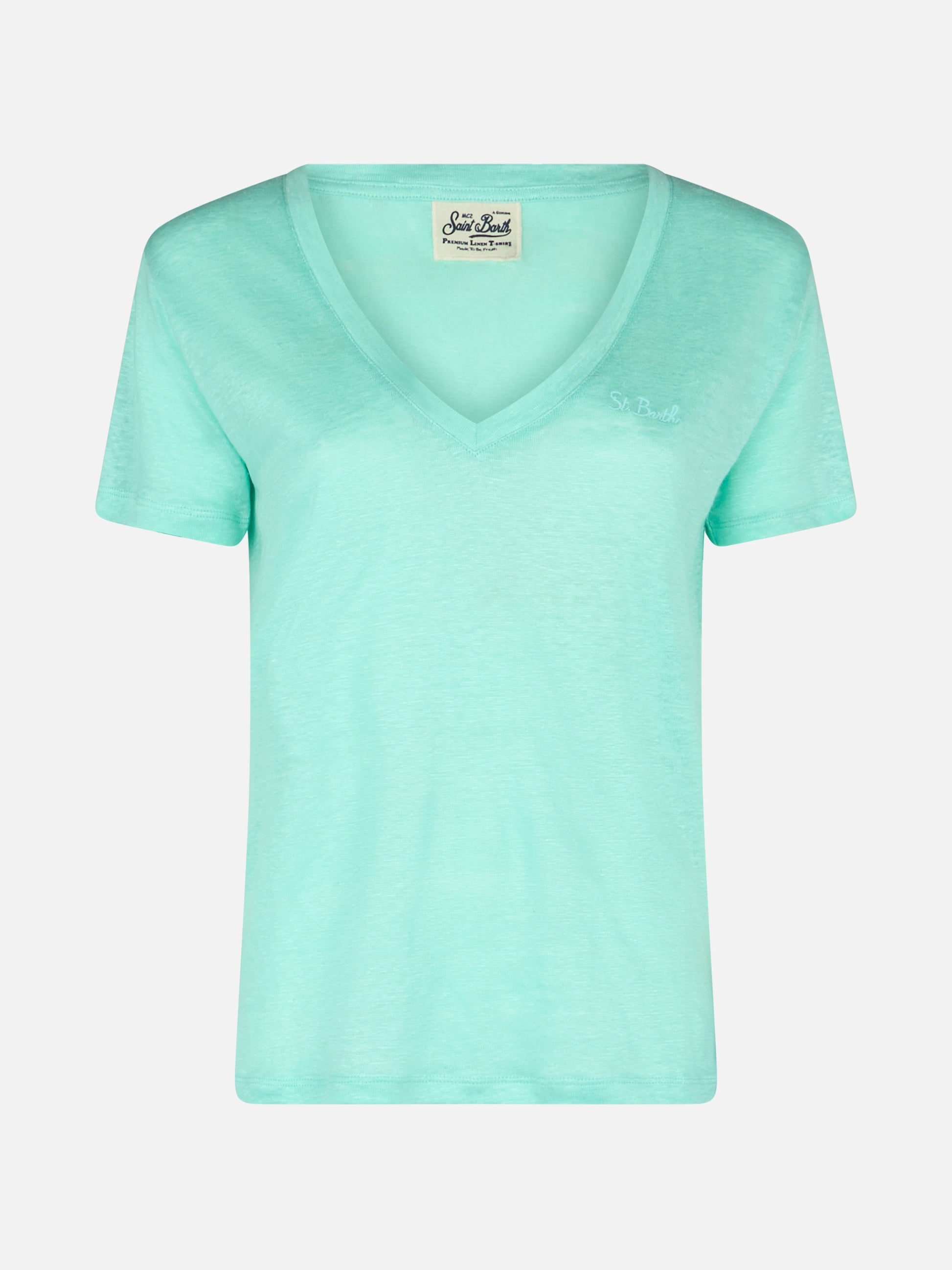 Woman linen jersey sage green V-neck t-shirt Eloise - MC2 Saint Barth