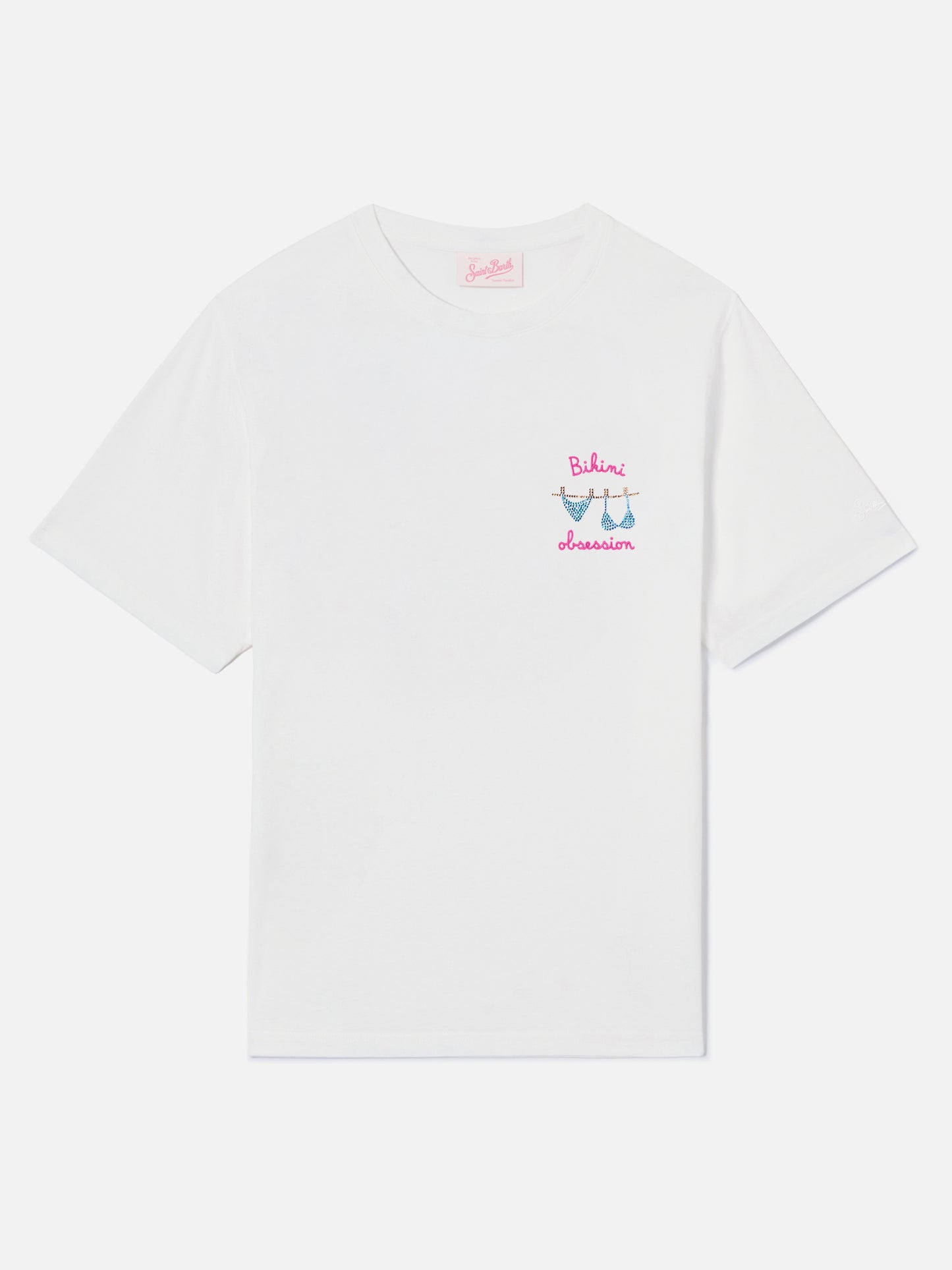 T-shirt Emilie blanc avec broderie Bikini Obsession et strass