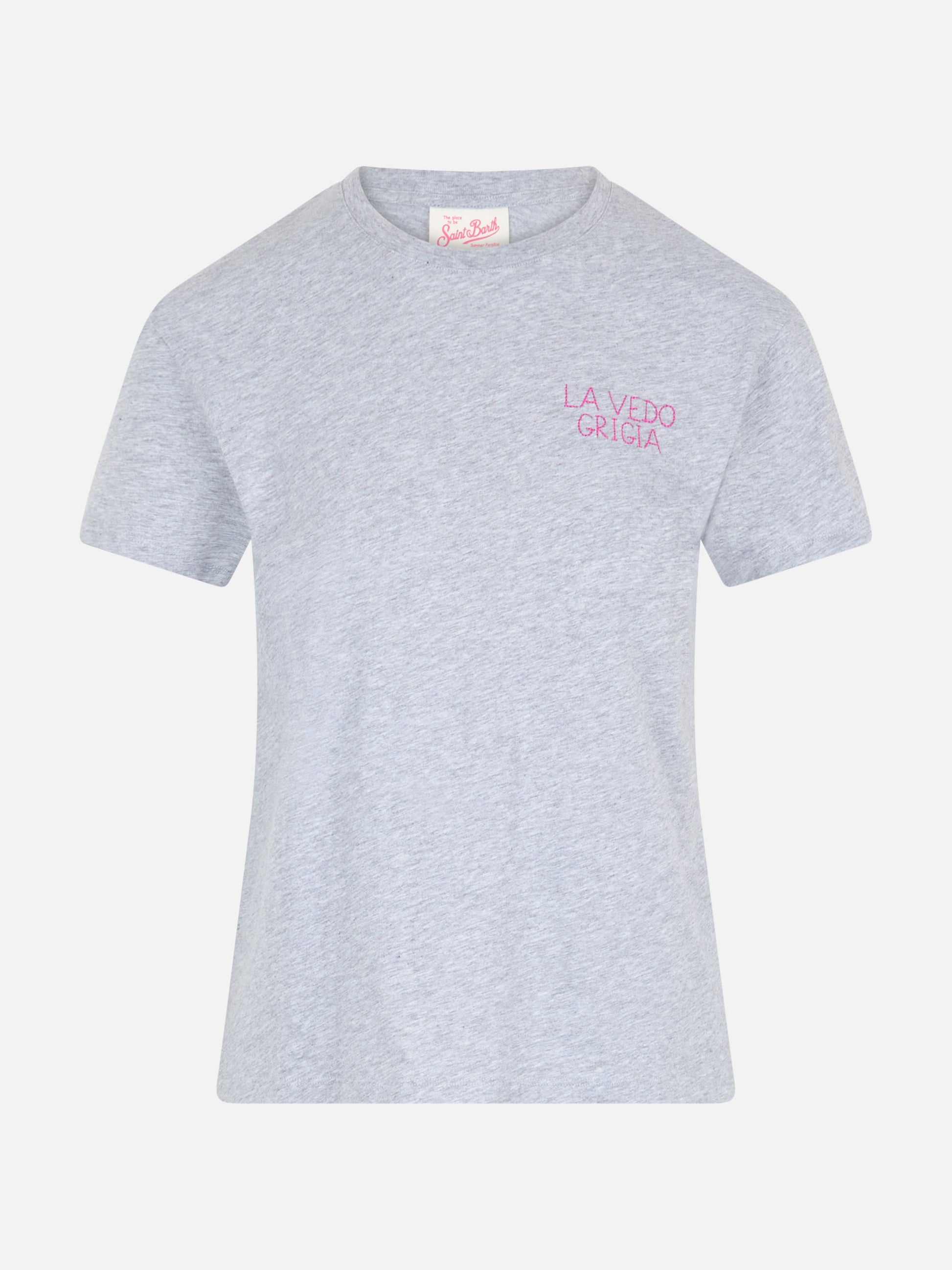Woman cotton jersey crewneck t-shirt Emilie with La Vedo Grigia embroidery - MC2 Saint Barth