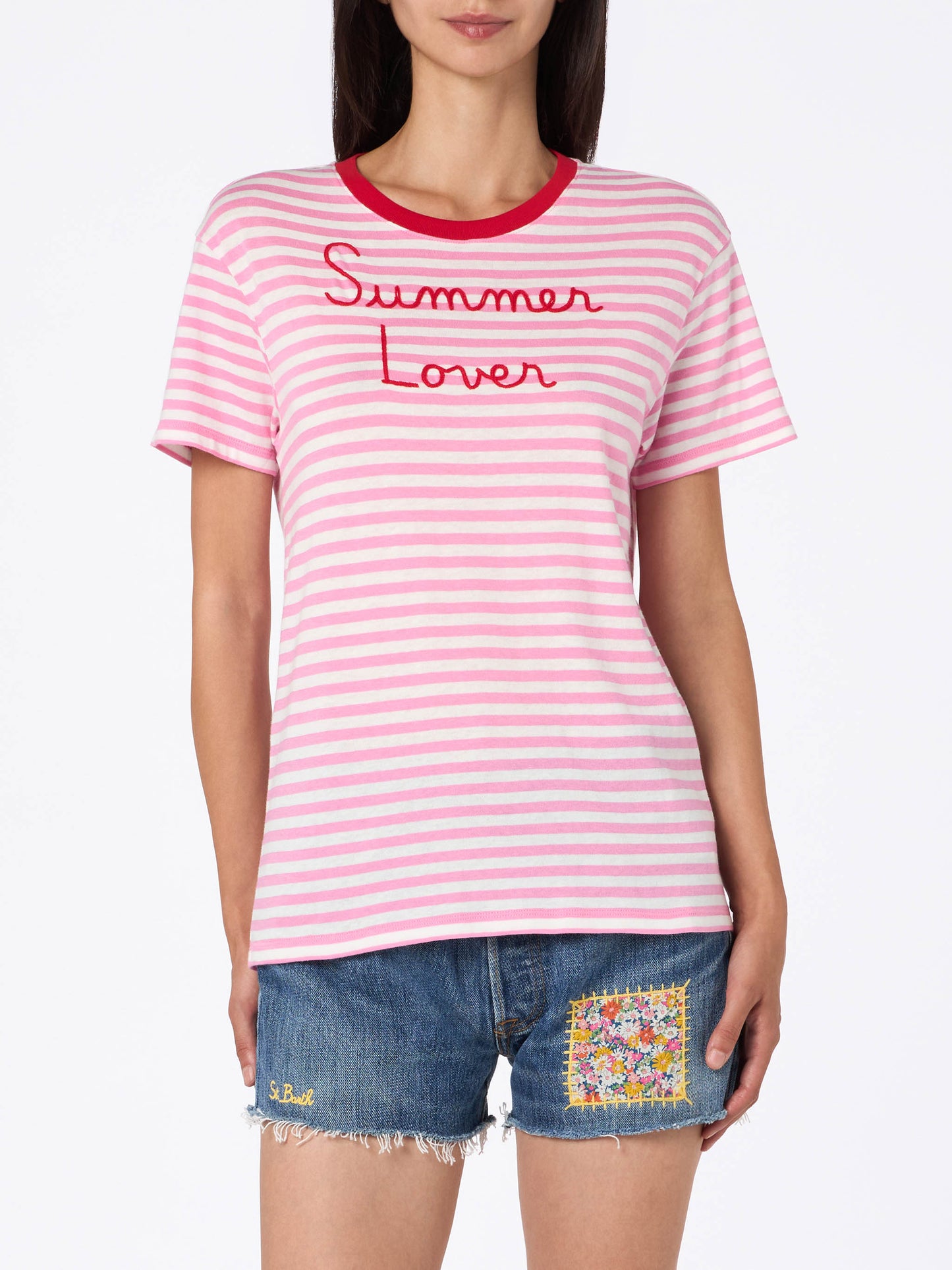 Woman striped cotton jersey crewneck t-shirt Emiilie with Summer Lover embroidery - MC2 Saint Barth