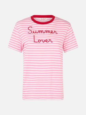 Woman striped cotton jersey crewneck t-shirt Emiilie with Summer Lover embroidery - MC2 Saint Barth