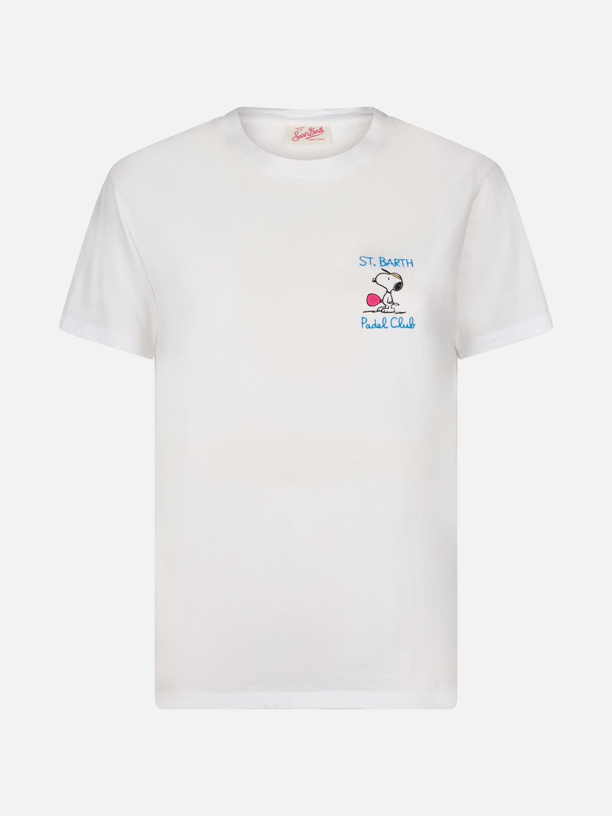 Woman pink cotton jersey crewneck t-shirt Emilie with Snoopy St. Barth Padel Club embroidery | SNOOPY PEANUTS SPECIAL EDITION - MC2 Saint Barth