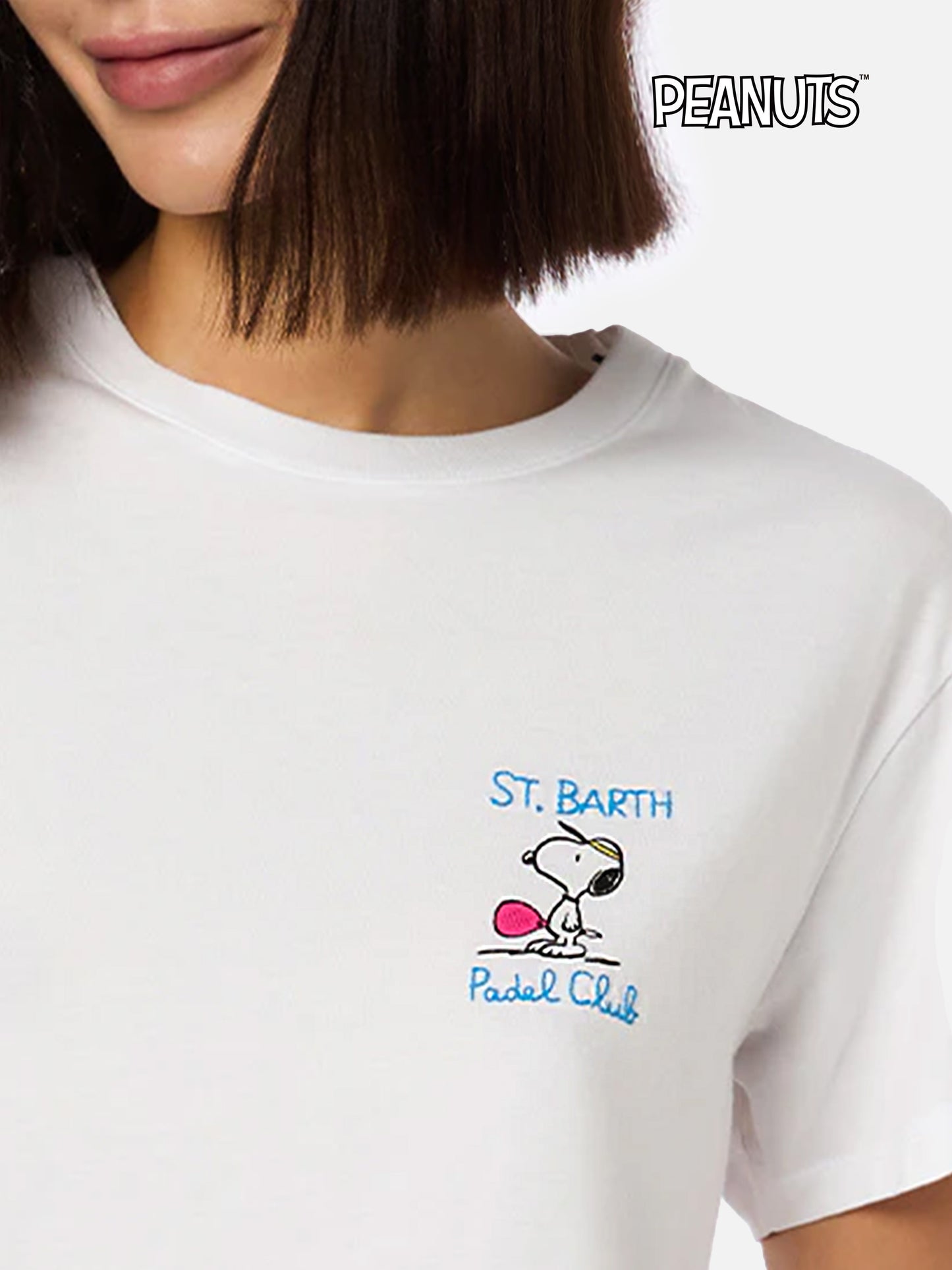 T-shirt girocollo in jersey di cotone rosa da donna Emilie con ricamo Snoopy St. Barth Padel Club | EDIZIONE SPECIALE SNOOPY PEANUTS
