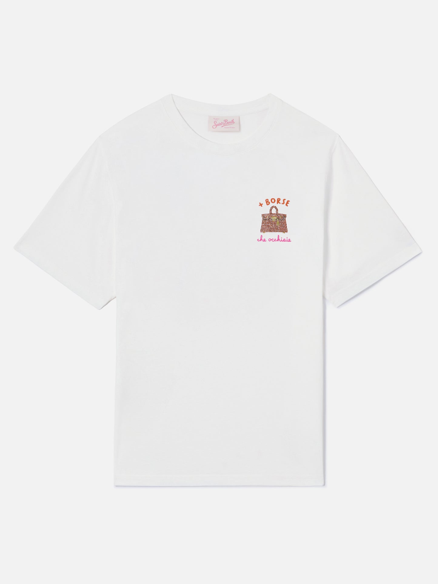 T-shirt Emilie blanc avec broderie + Borse che occhiaie et strass