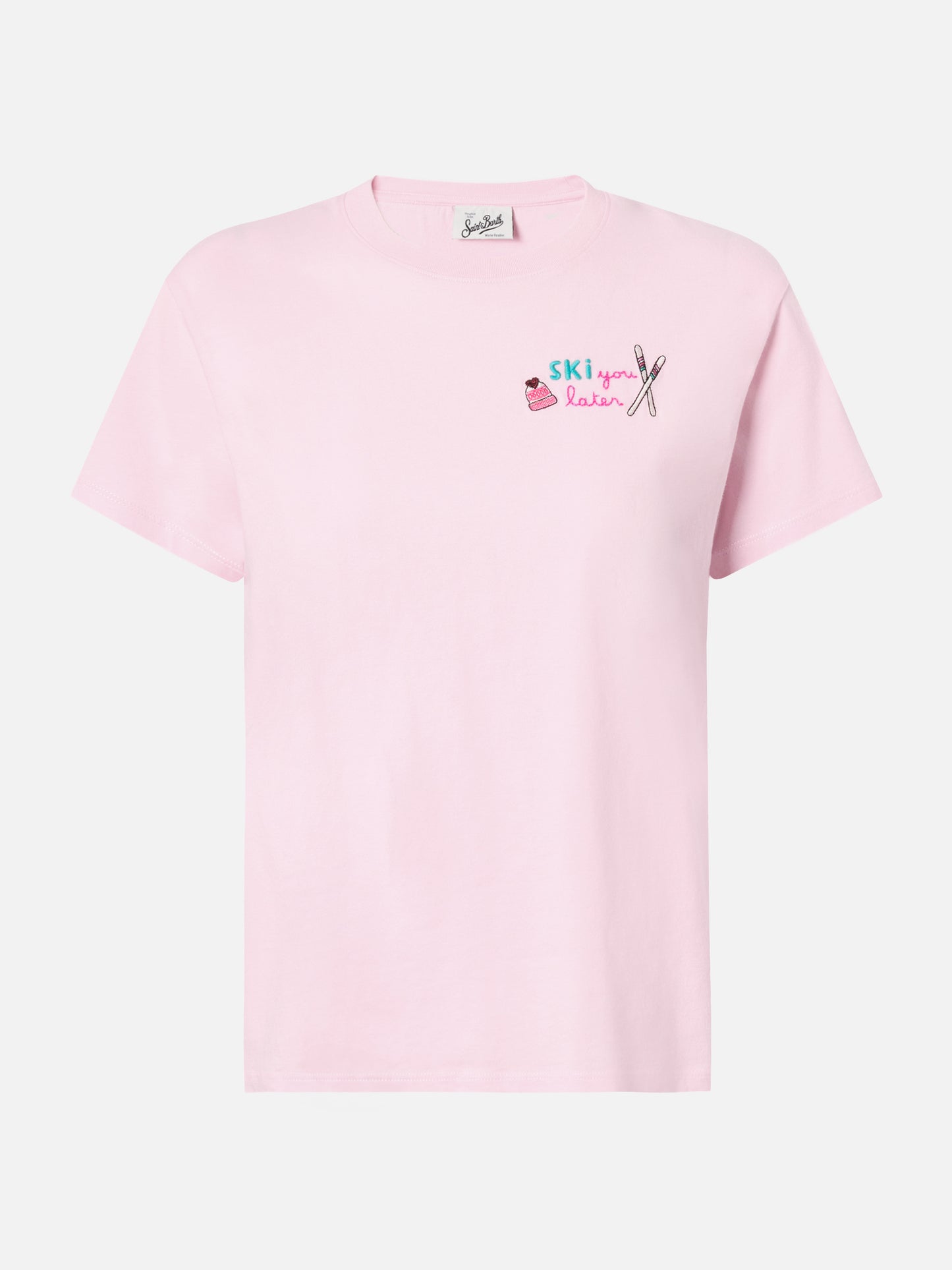 Emilie cotton T-shirt in pink with Ski you later embroidery