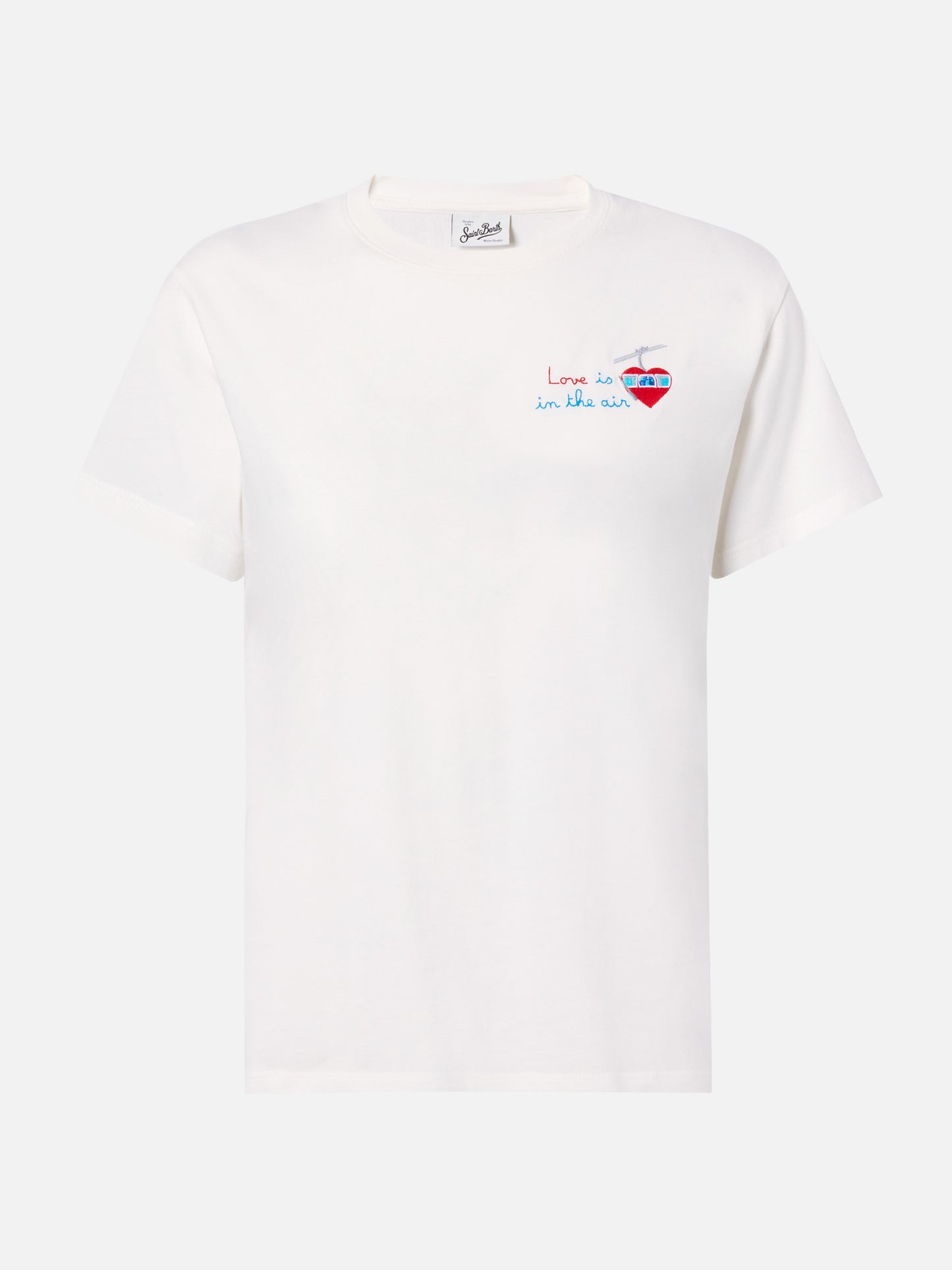 Emilie Baumwoll-T-Shirt in Weiß mit der Stickerei „Love is in the air“