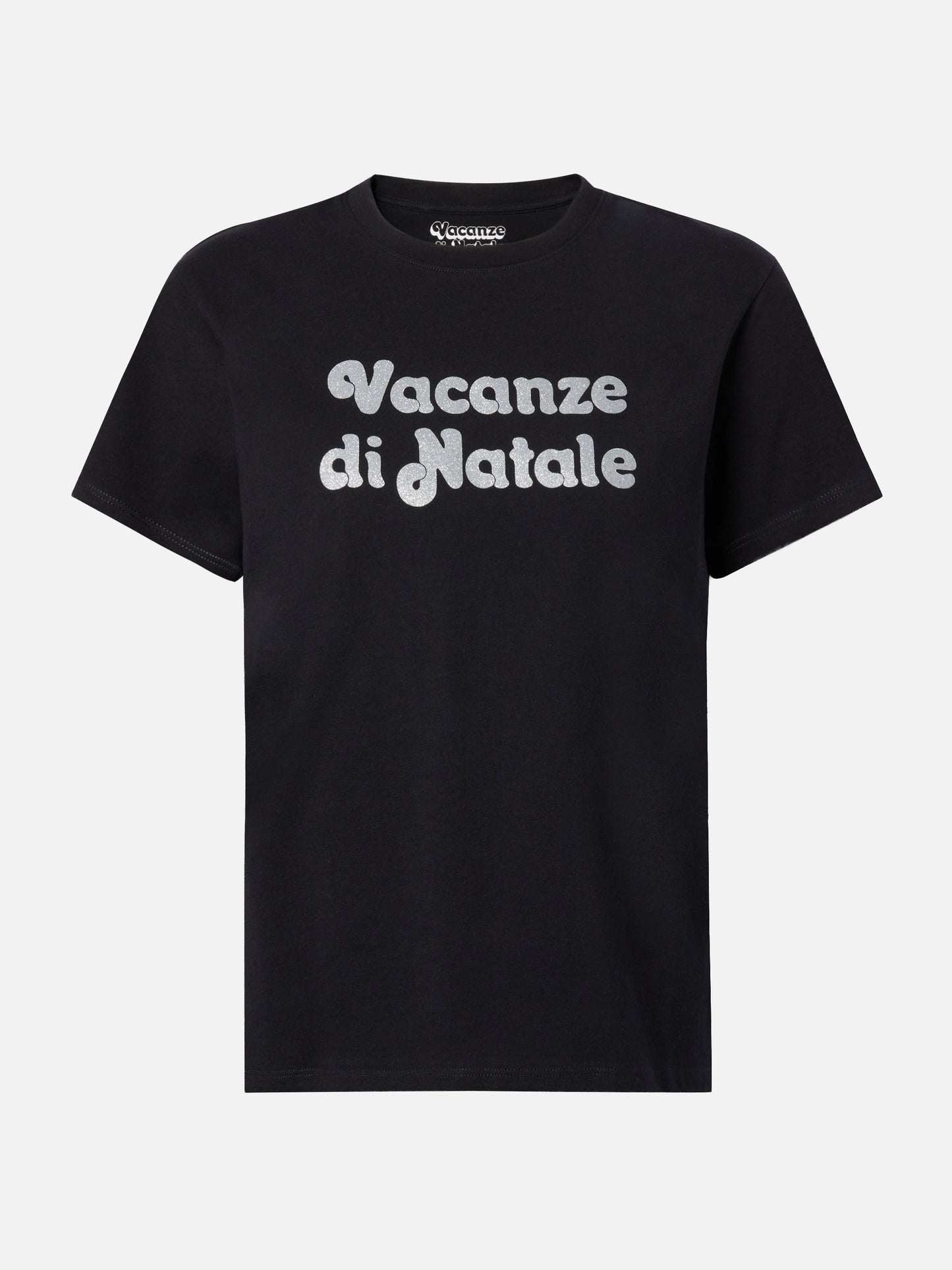 Emilie Baumwoll-T-Shirt in Schwarz mit „Vacanze di Natale“-Glitzerdruck | VACANZE DI NATALE SONDERAUSGABE