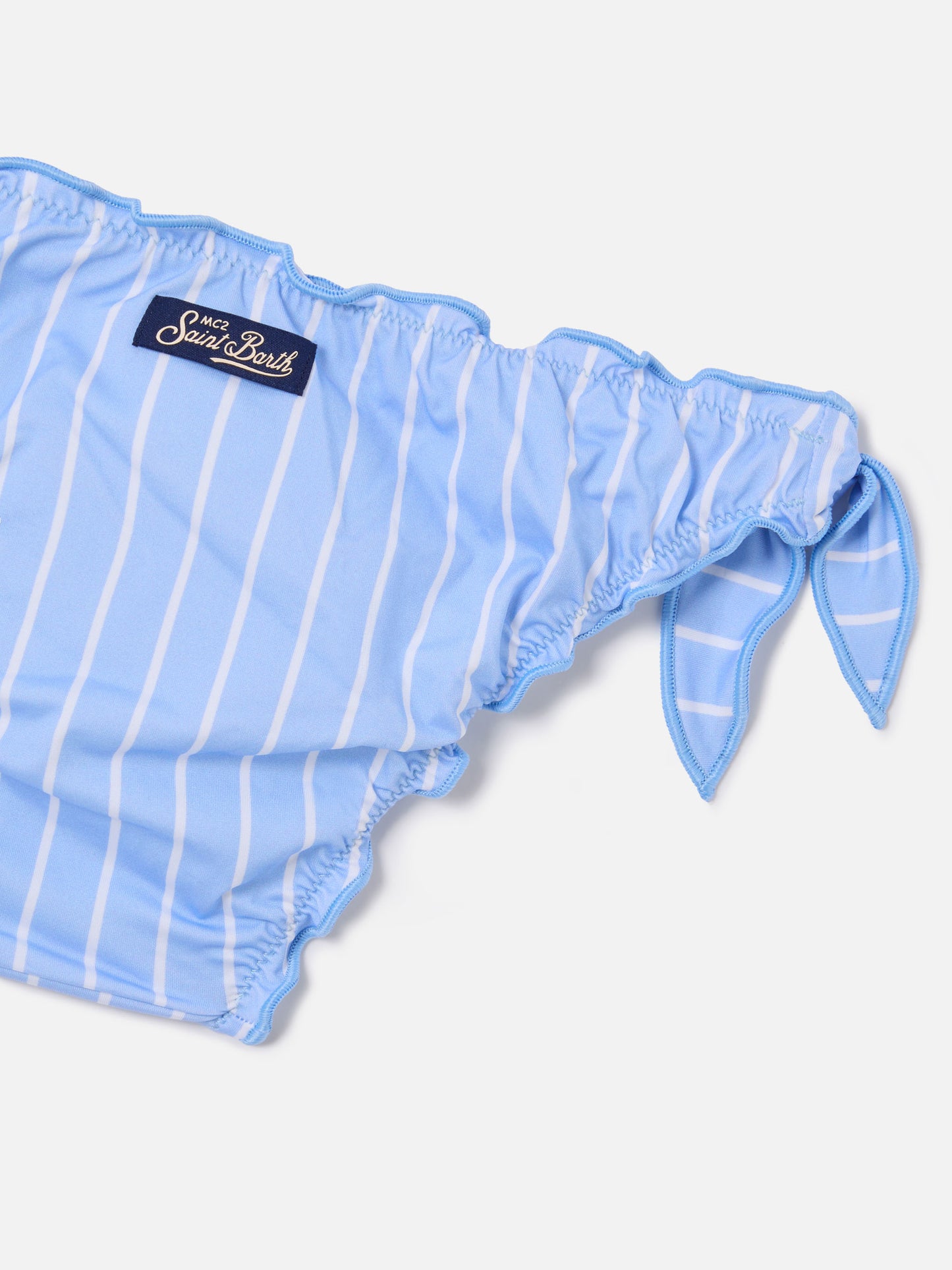 Emy light blue and white striped bikini with ruffled edges
