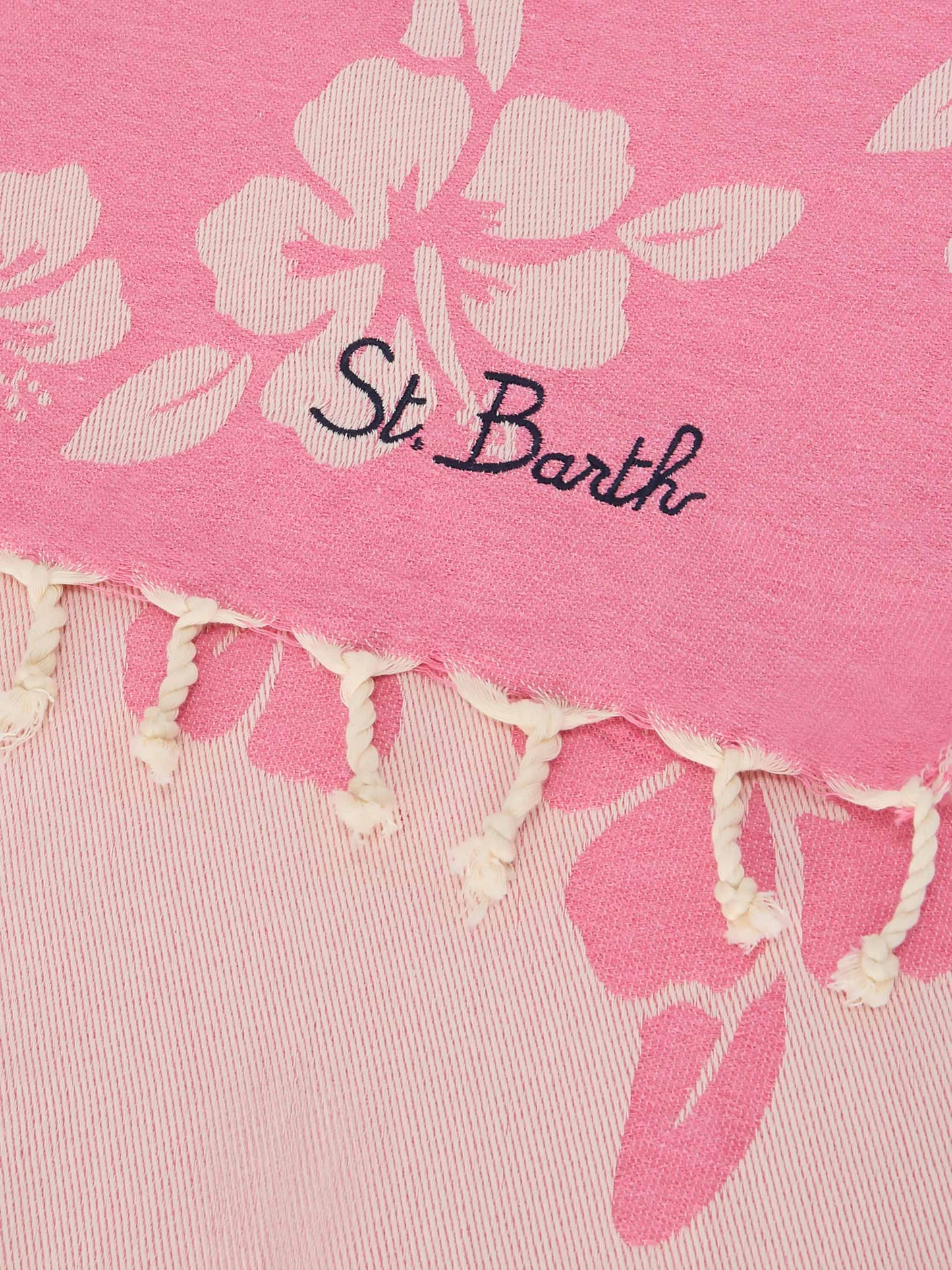 Serviette de plage en coton Foutas Jaquard rose avec motif hibiscus