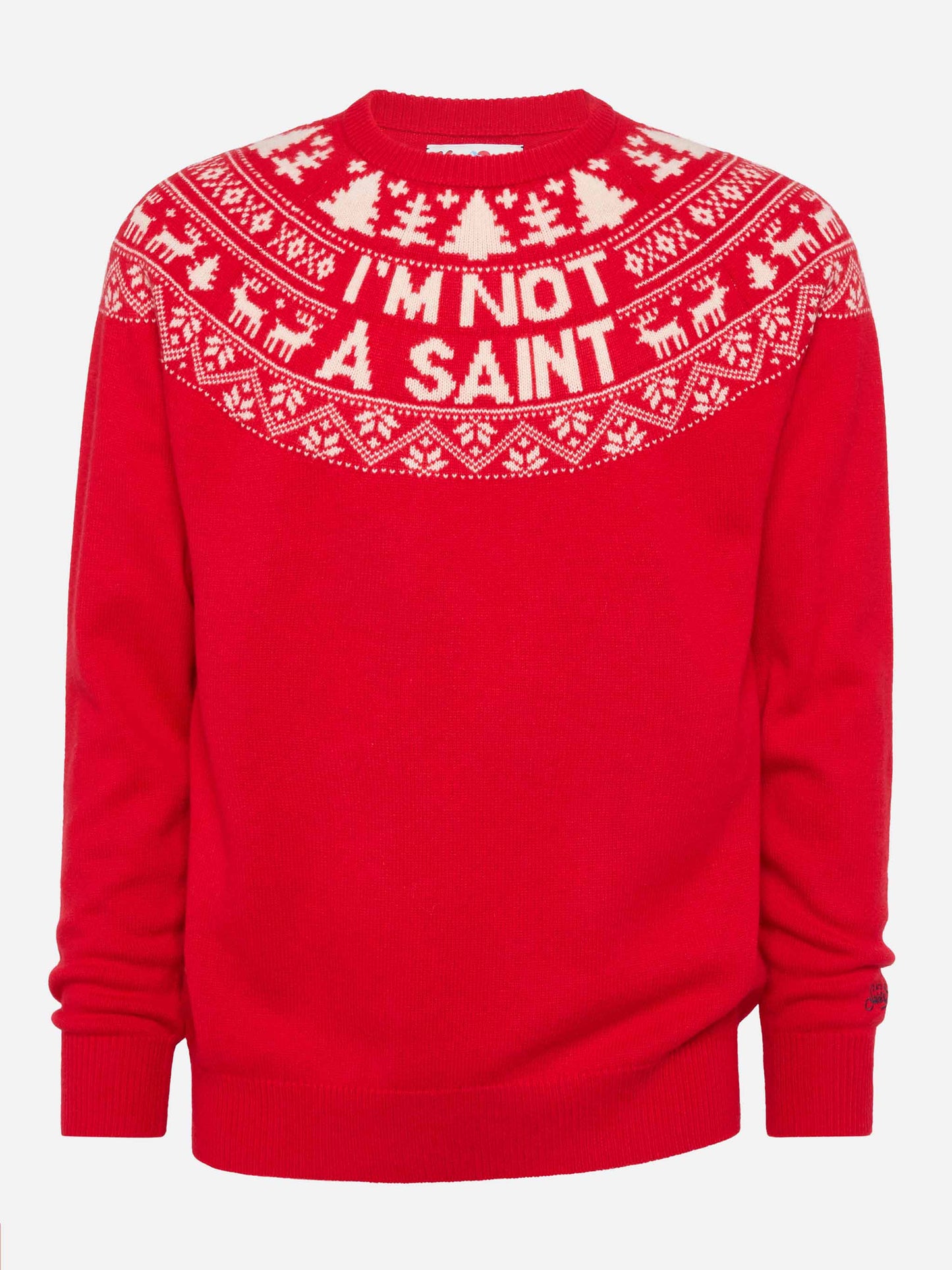 Red sweater Heron with fair isle jacquard and I'm not a Saint jacquard - MC2 Saint Barth