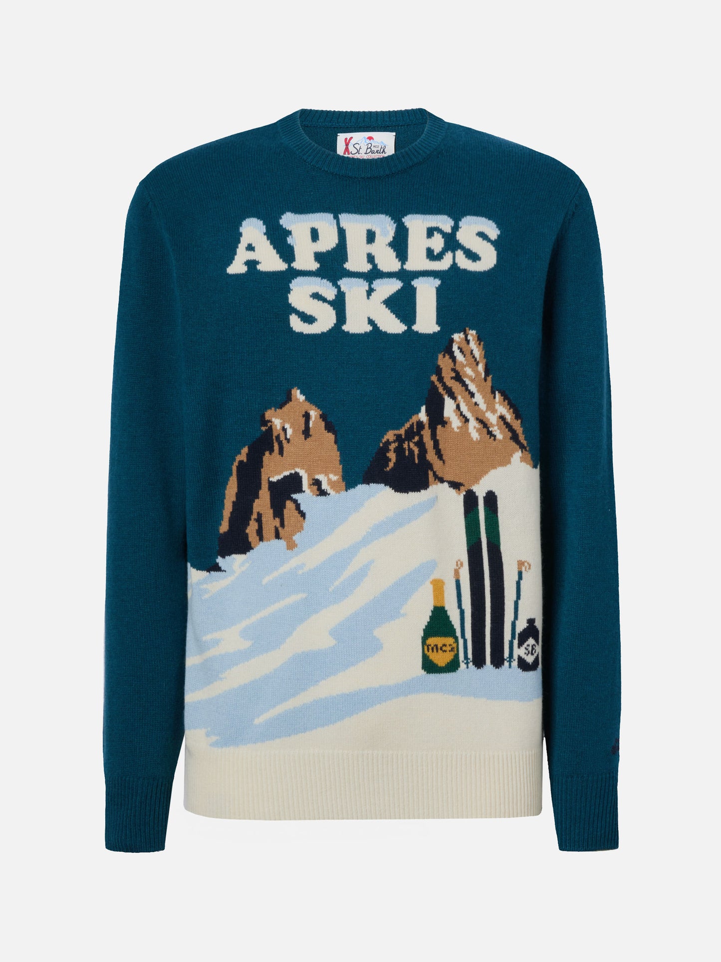 Heron crewneck in teal green with Après Ski postcard jacquard