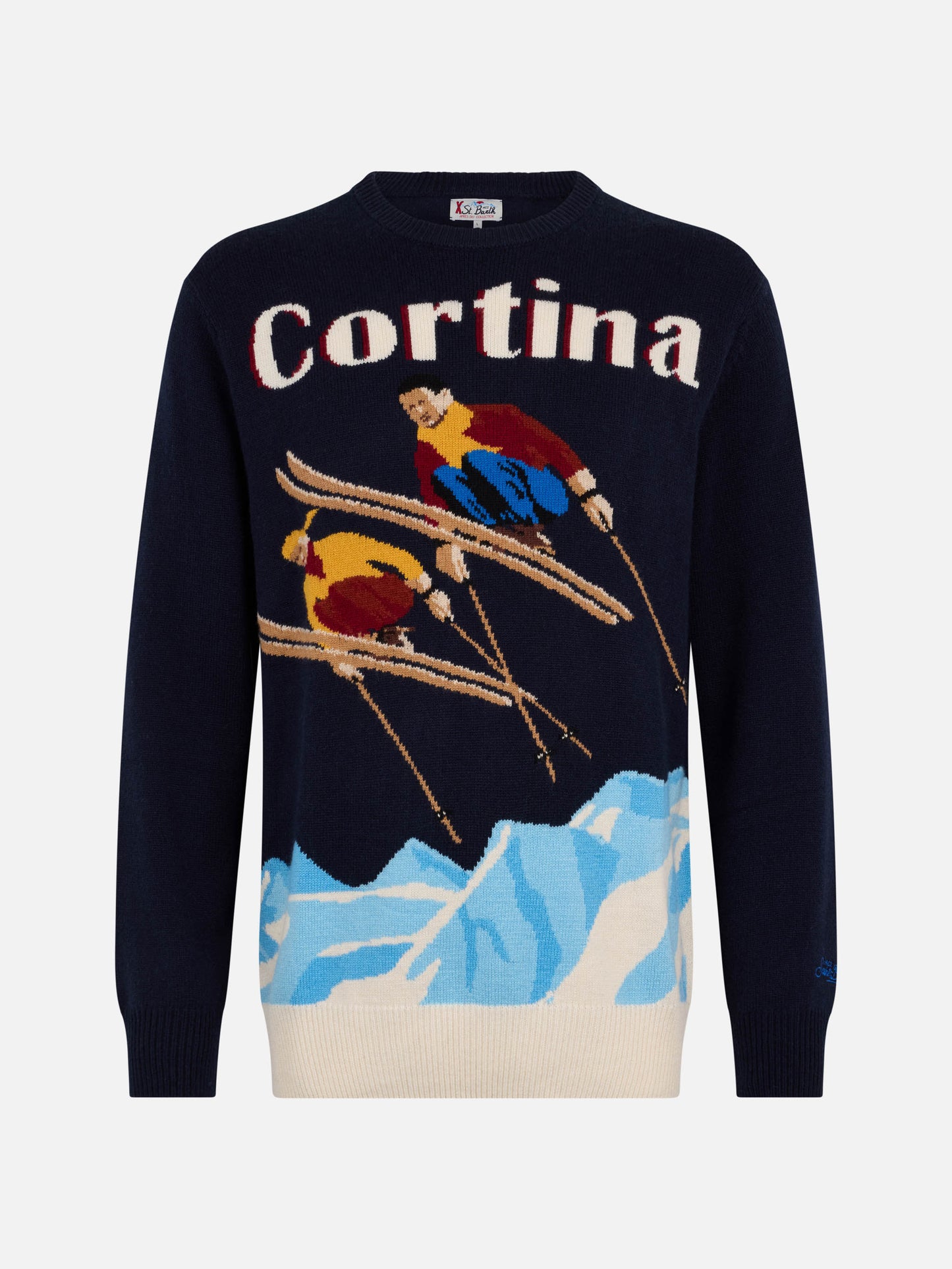 Man blue sweater Heron with Cortina ski postcard jacquard - MC2 Saint Barth