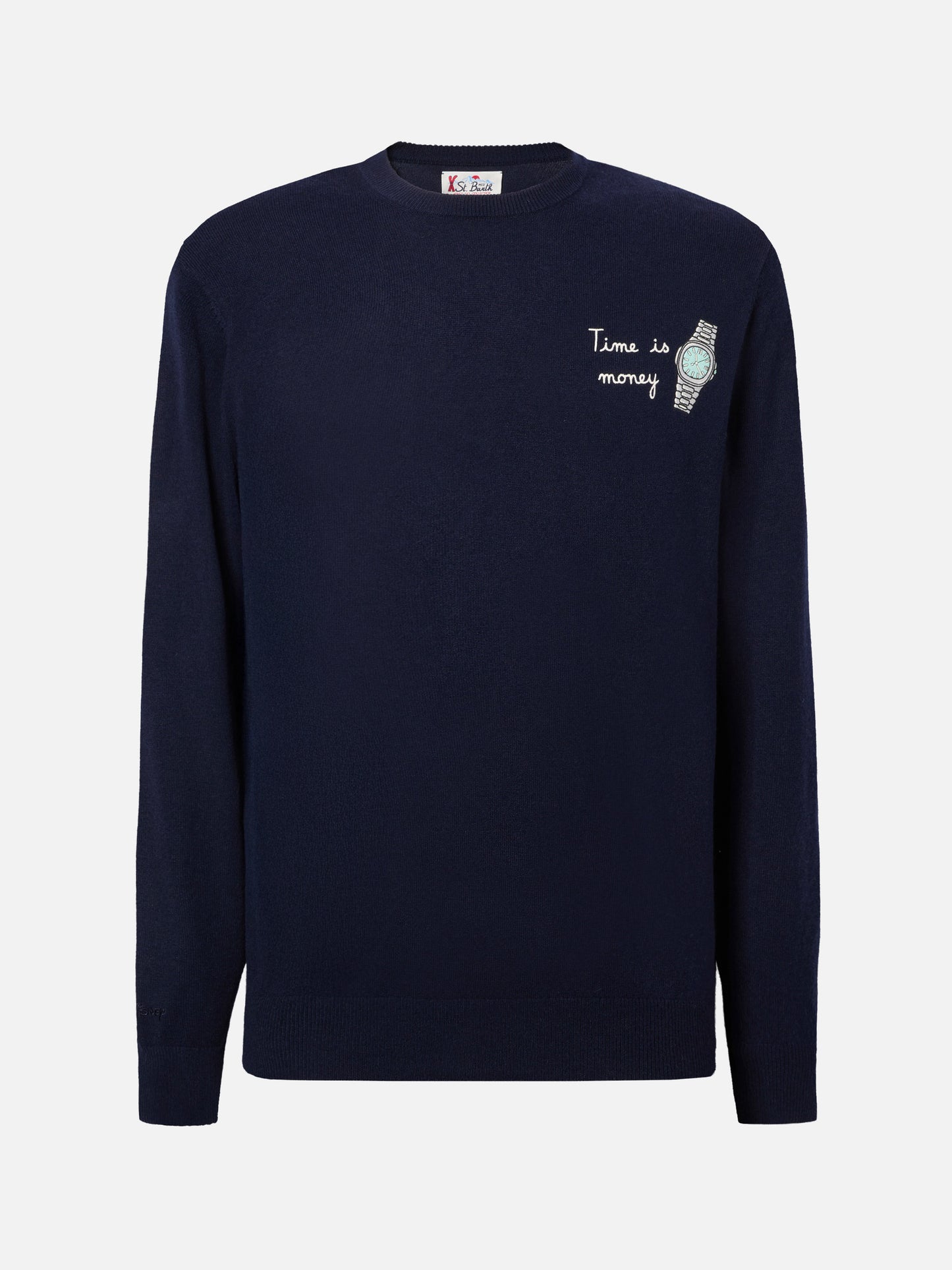 Crewneck sweater Heron Light with Time is Money clock embroidery