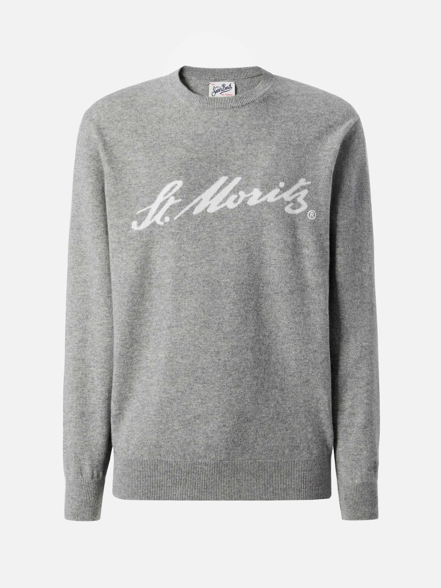 Grauer Heron Light Pullover aus 100 % Kaschmir mit St. Moritz Intarsien | ST. MORITZ TOP OF THE WORLD