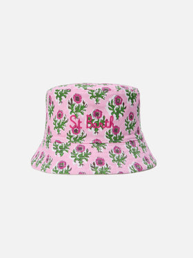 Cappello bucket reversibile con stampa floreale boho e spugna bianca