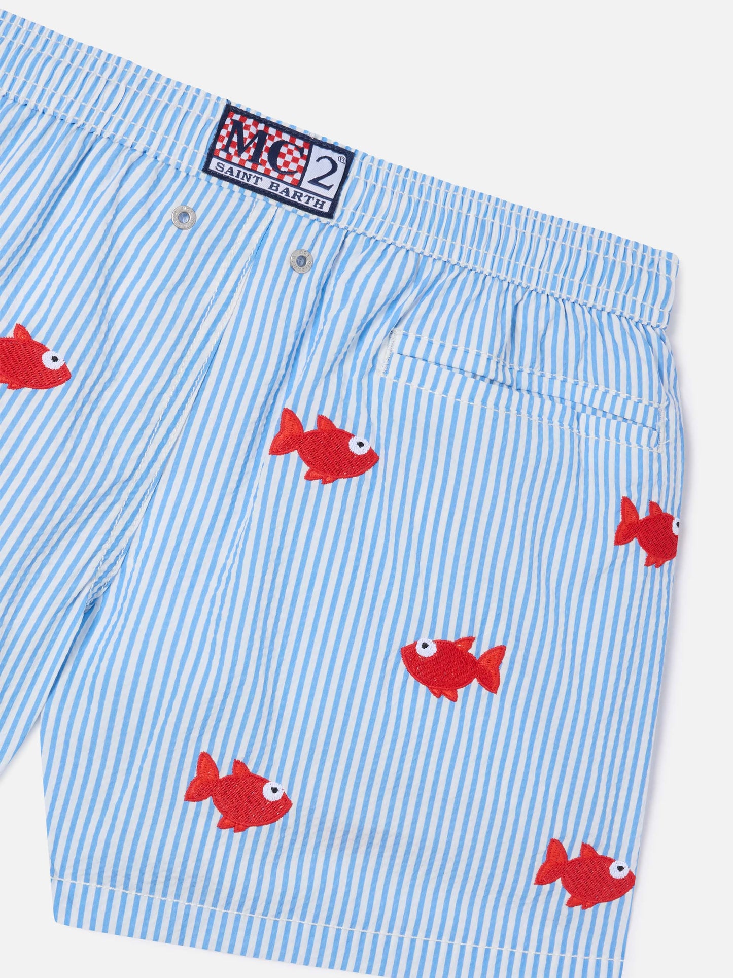 Bañador corto a rayas Jean Embroidery con pez bordado