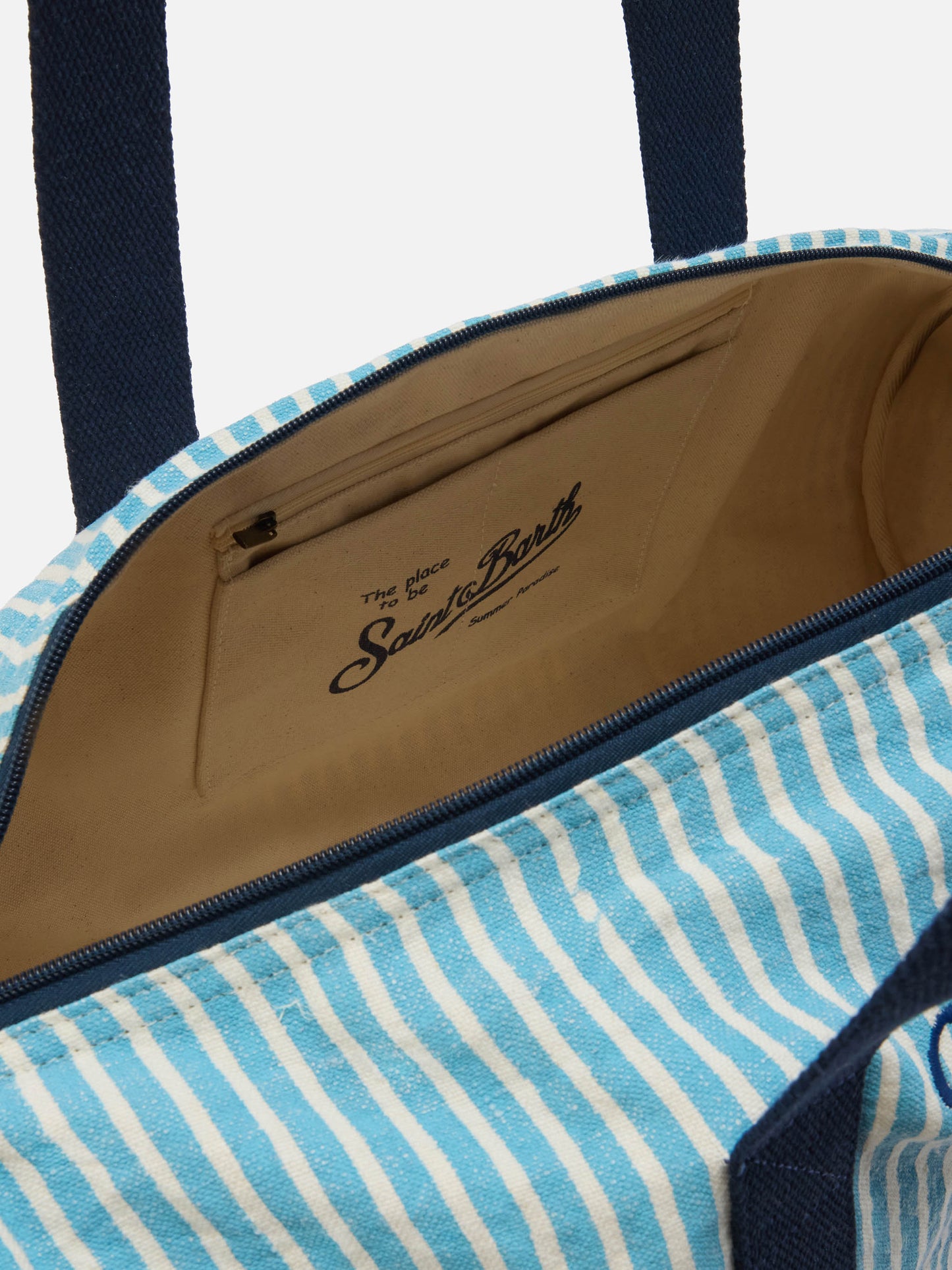 Bolso de fin de semana redondo Jetleg de lino a rayas azules y blancas