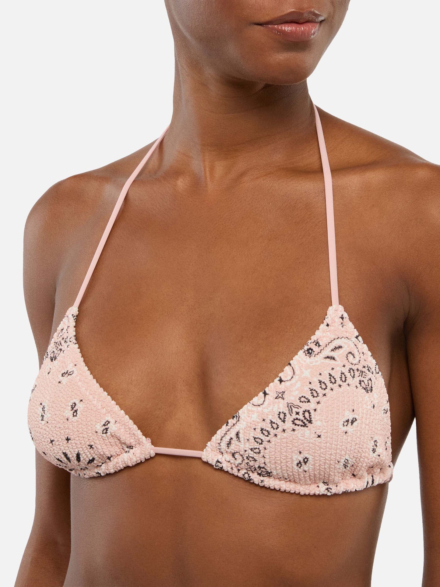 Leah Marielle triangle bikini with bandana print crinkle pink color